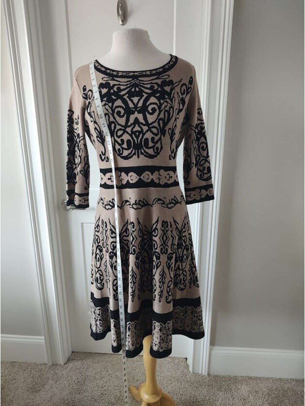 J. Taylor Beige and Black Patterned Knit Dress with 3/4 Sleeves - Picture 2 of 8
